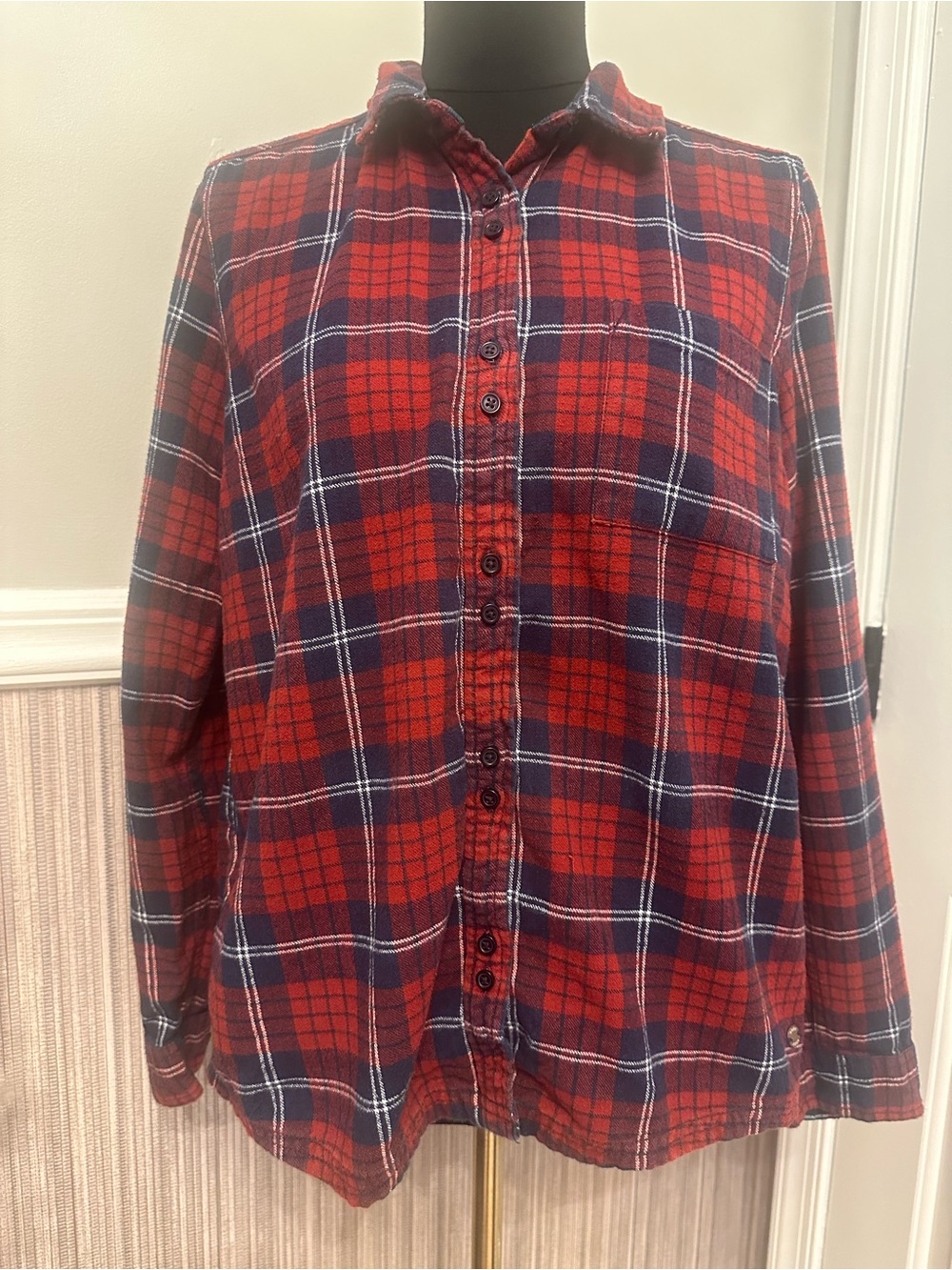 Roxy Plaid Flannel Shirt Large Red Navy 100% Cotton Button Back Relaxed